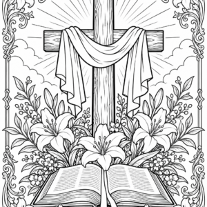 Christian Cross Coloring Page Printable | Vintage Floral Cross Art | Religious Coloring Sheet | Instant Download
