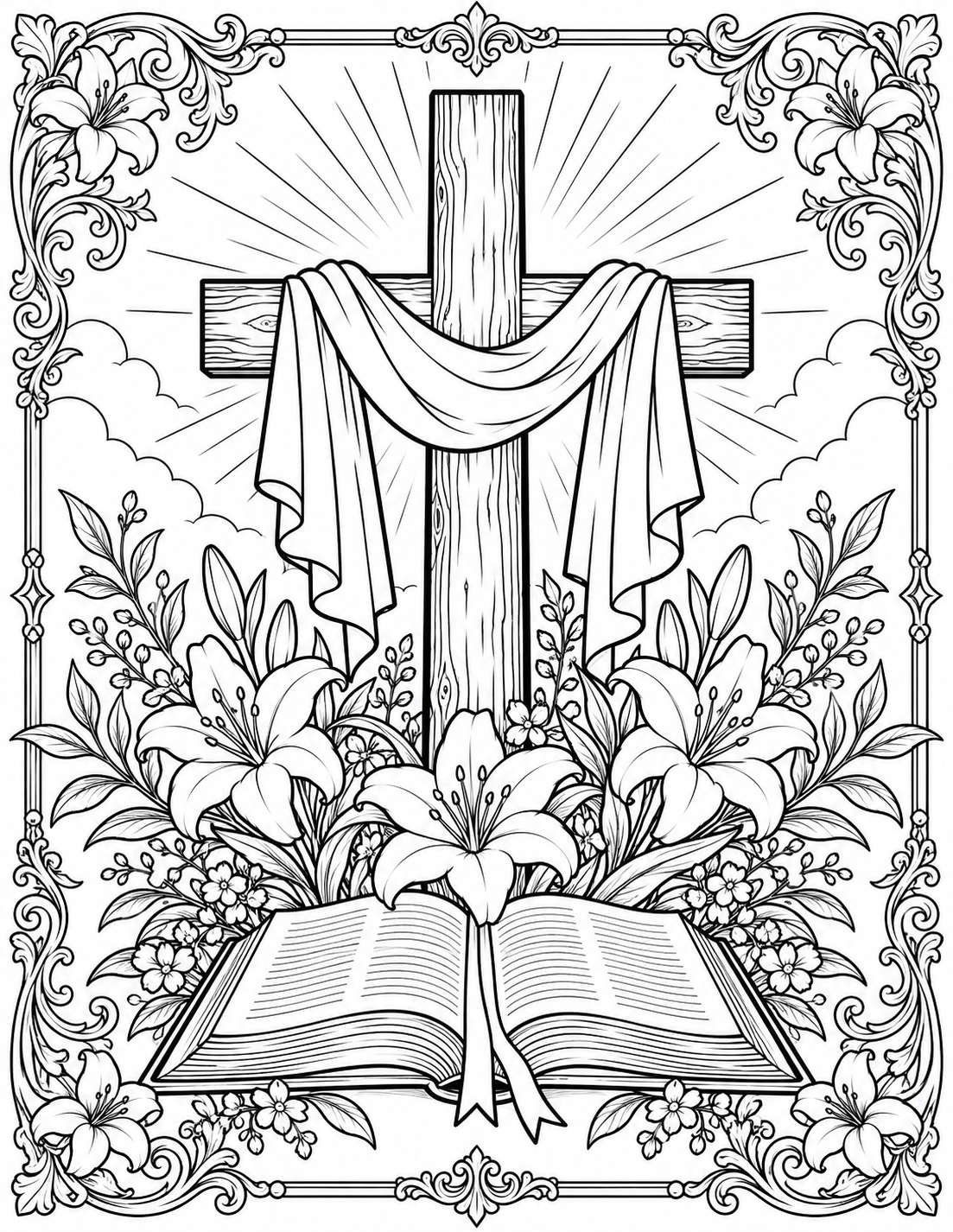 Christian Cross Coloring Page Printable | Vintage Floral Cross Art | Religious Coloring Sheet | Instant Download
