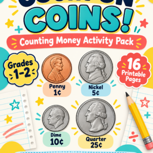 Count on Coins activity pack cover showing U.S. coins and values, with grades 1–2 and 16 printable pages.