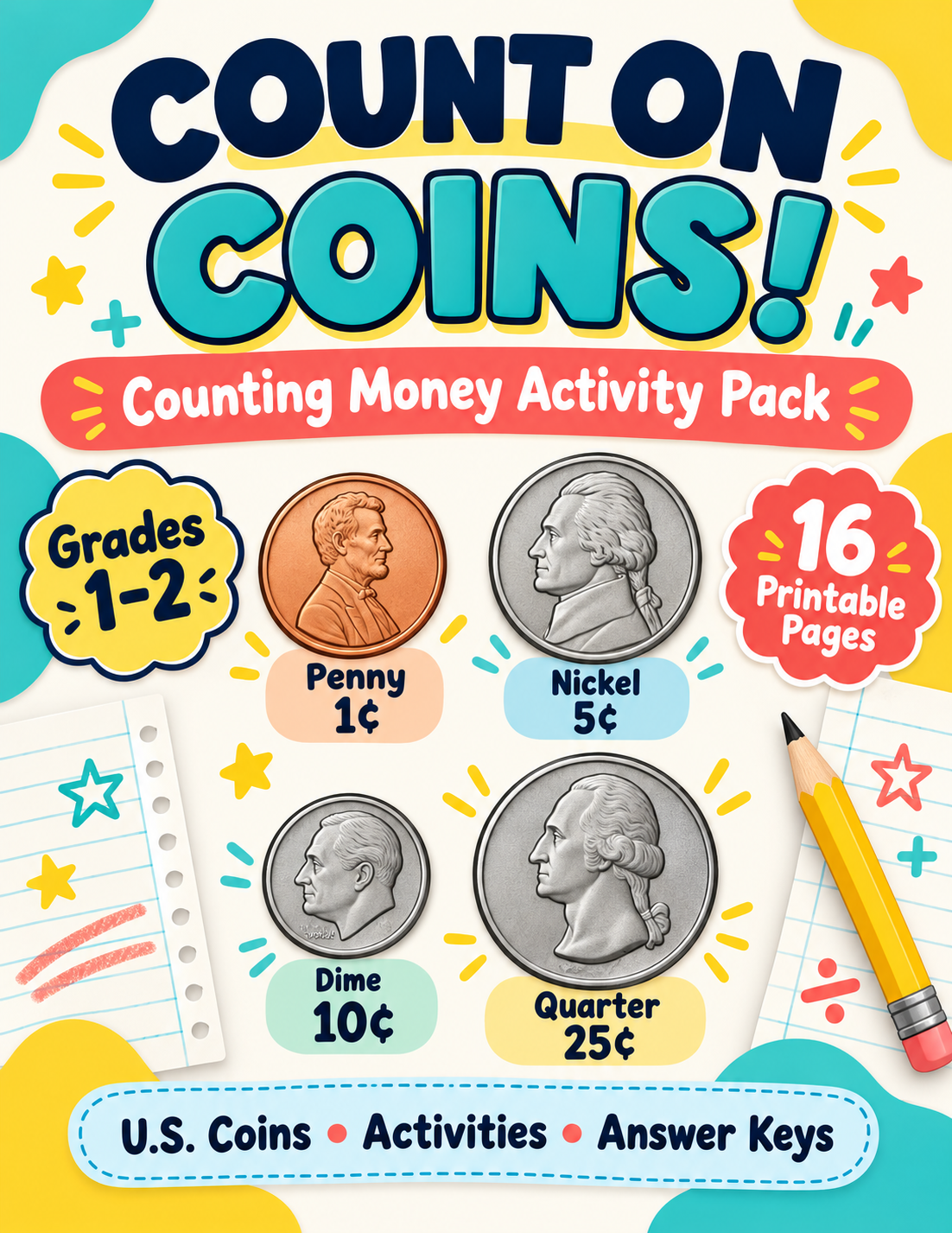 Count on Coins activity pack cover showing U.S. coins and values, with grades 1–2 and 16 printable pages.