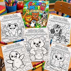 Animal Color by Math worksheets displayed on a classroom desk with crayons