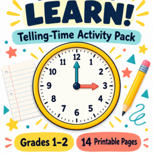 Time to Learn telling-time activity pack cover with an analog clock, grades 1–2 label, and 14 printable pages.