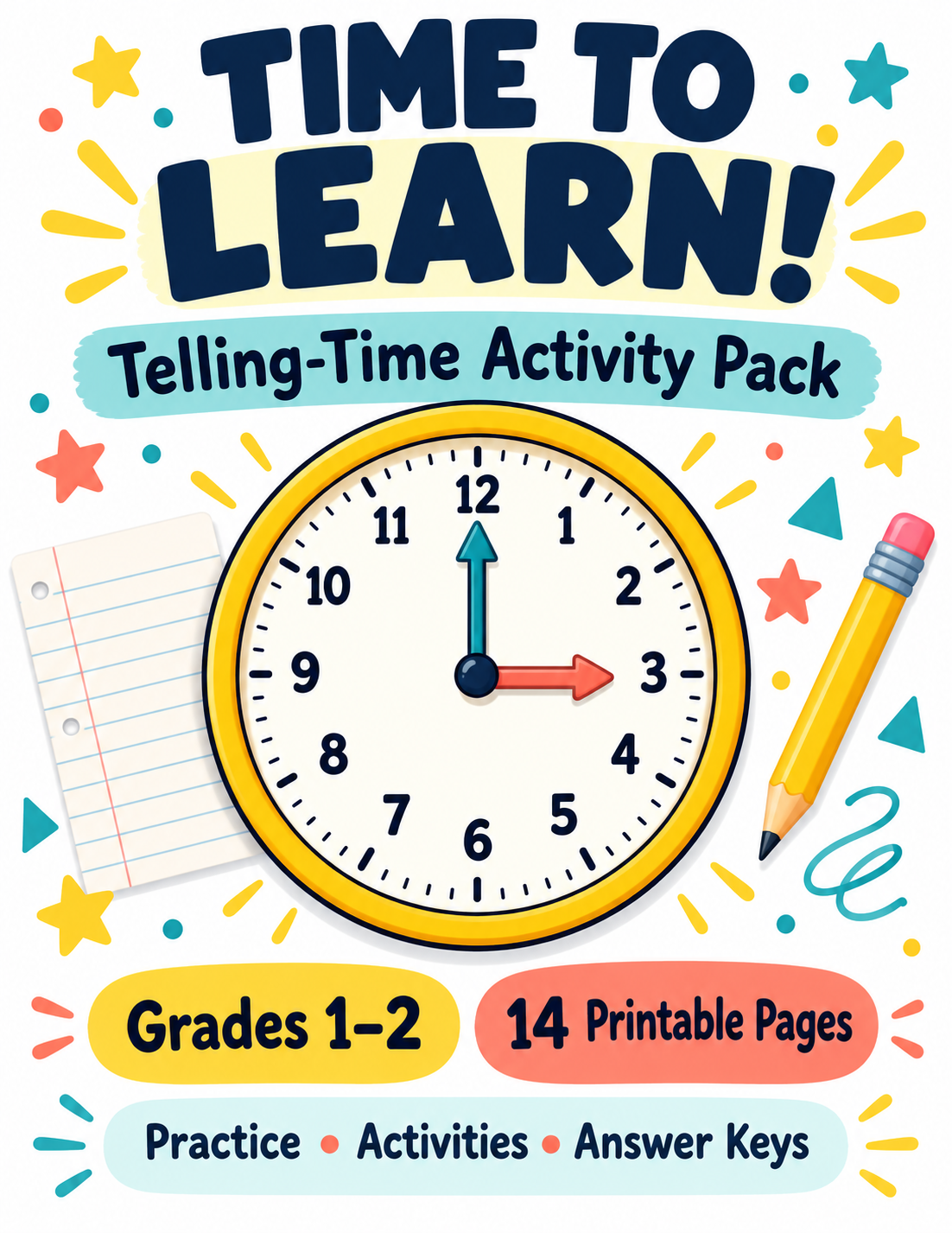Time to Learn telling-time activity pack cover with an analog clock, grades 1–2 label, and 14 printable pages.